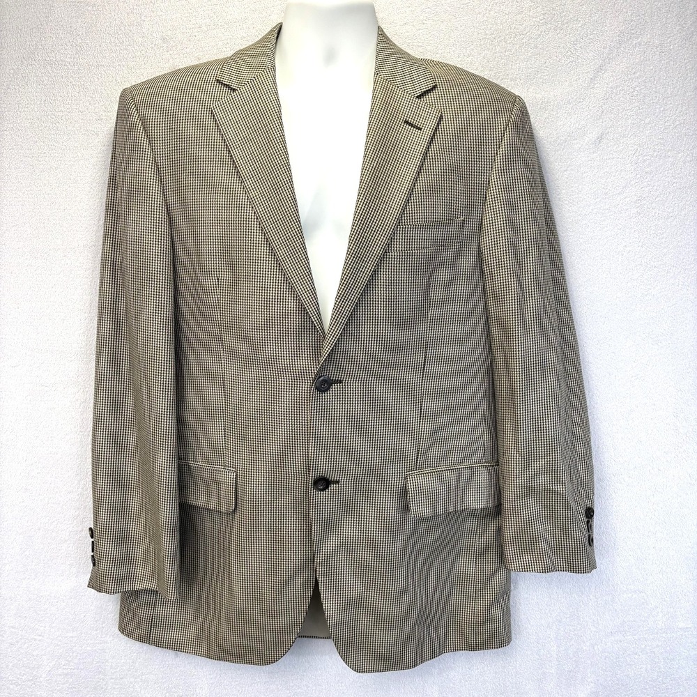 Vintage 90s Biella Silk Blazer Jacket Sport Coat‎ Mens 44S Beige Check Old Money